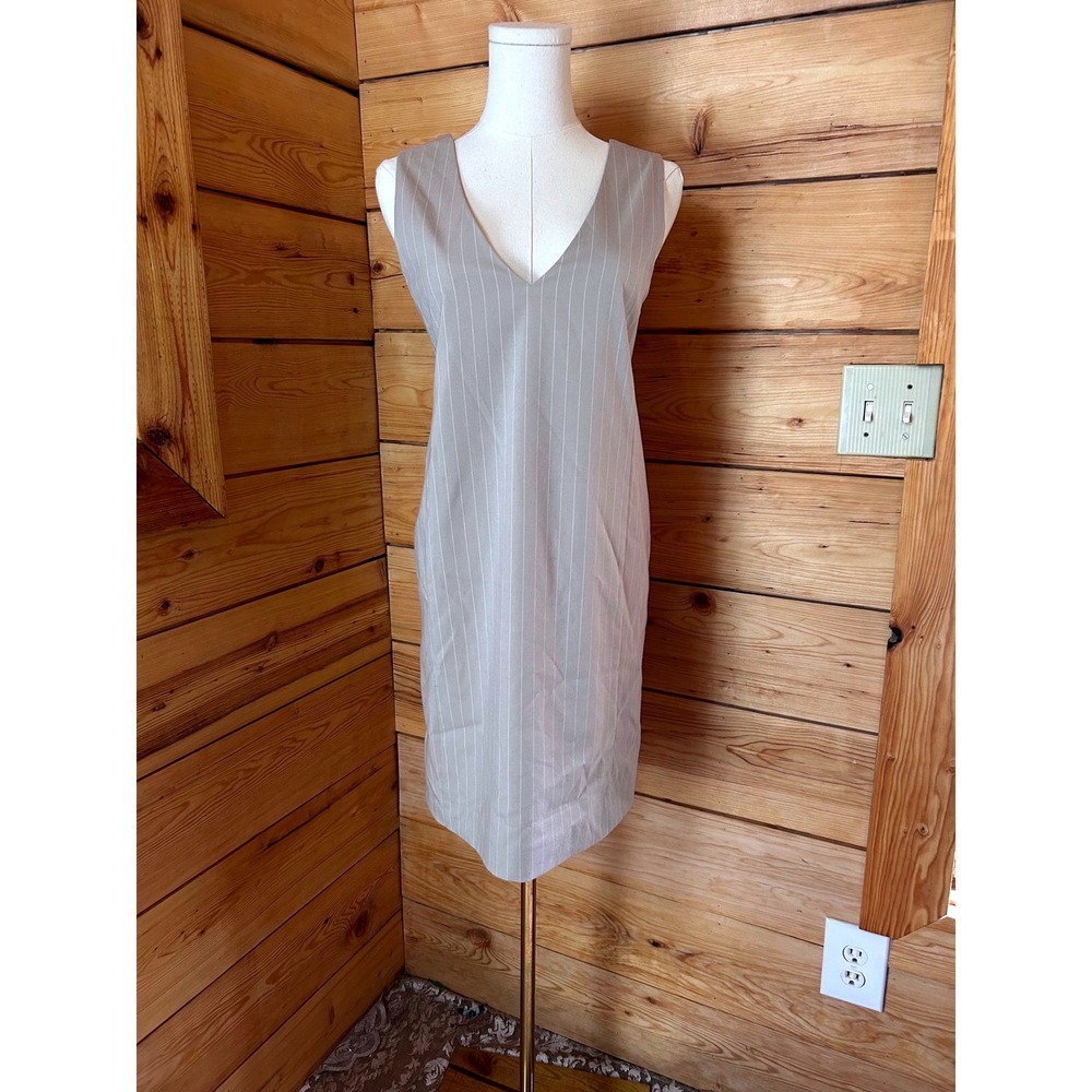 Pinstripe Shift Dress Size Small Beige V-Neck Sleeveless Frank & Oak Minimalist